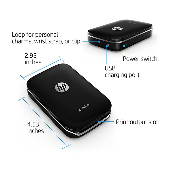 HP SPROCKET PORTABLE PHOTO PRINTER, PRINT SOCIAL MEDIA PHOTOS ON 2X3 STICKY-BACKED PAPER - BLACK